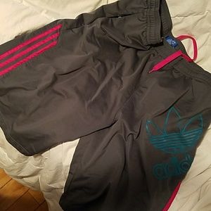 Gray , pink , and torquiouse Adidas shorts